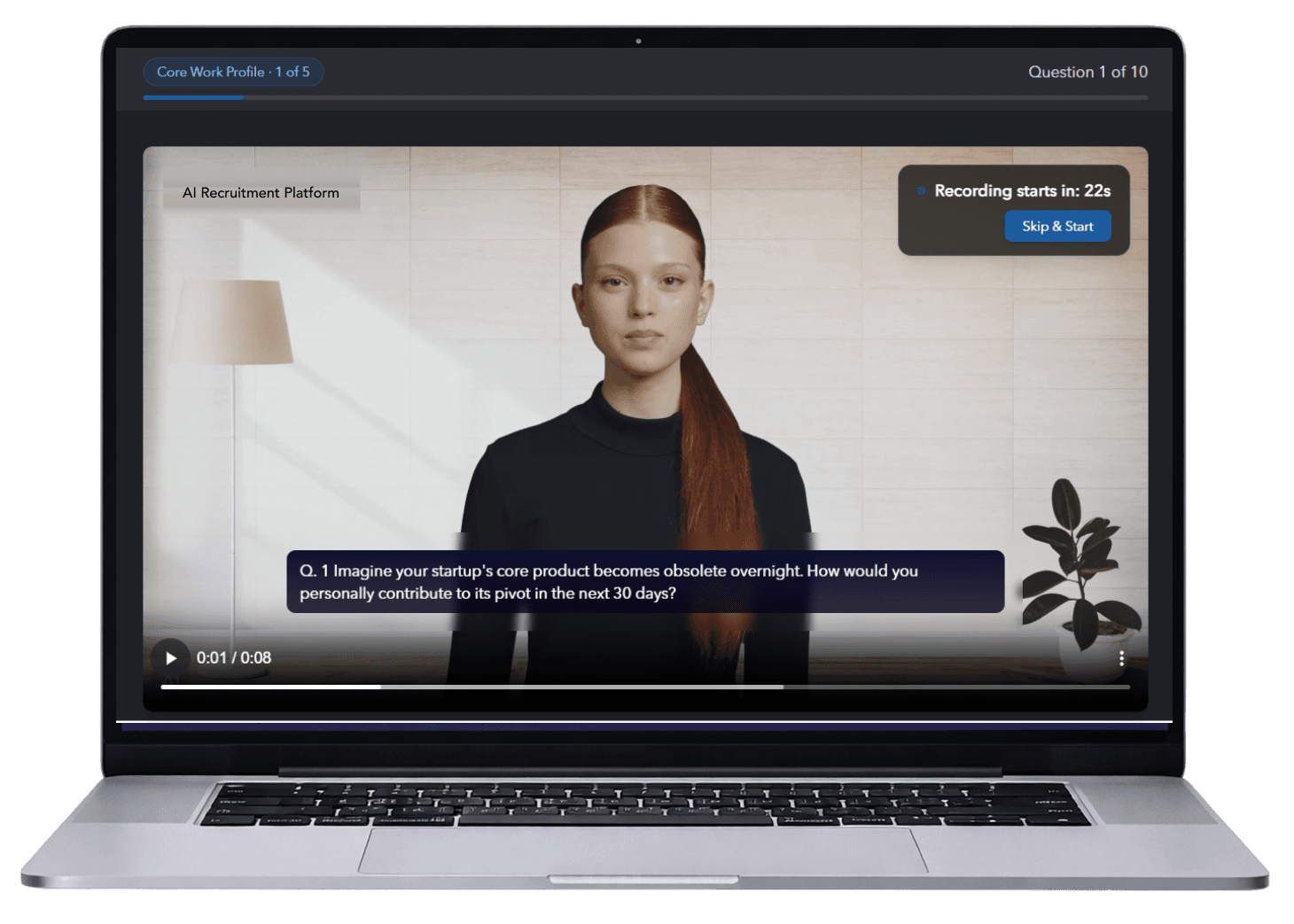 AI Recruitment Platform AI-guided video interview assessment shown on a laptop