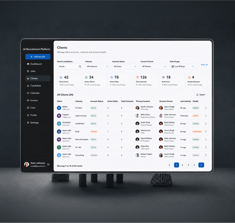 AI Recruitment Platform client accounts list dashboard listing hiring managers and active positions