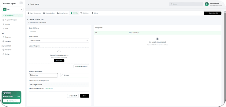 Buildnow.ai Create a batch call screen for launching outbound voice campaigns