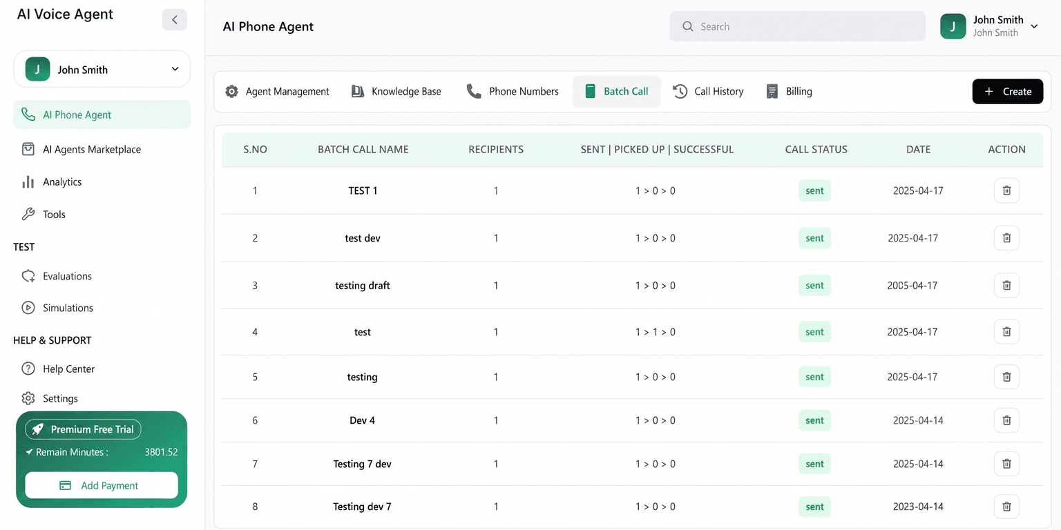 Buildnow.ai Batch Call dashboard listing outbound campaign calls and statuses
