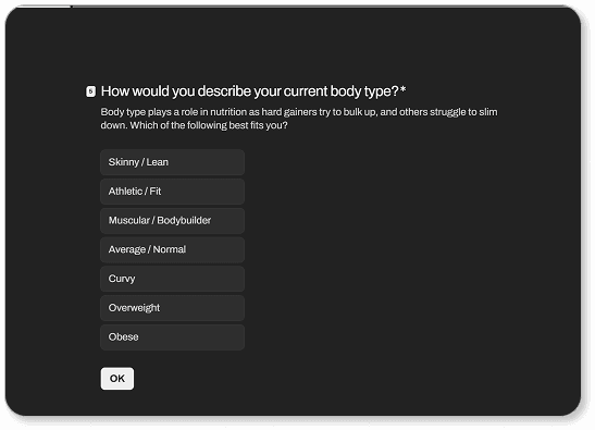 TN Coach body type quiz question modal over product match results