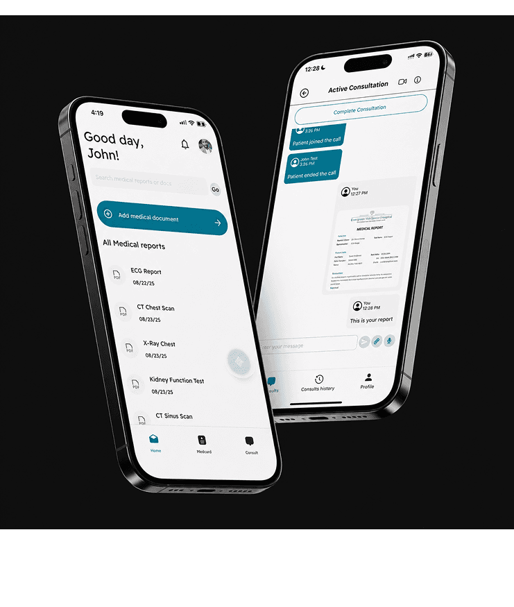 Telehealth platform active consultation chat and medical report screens
