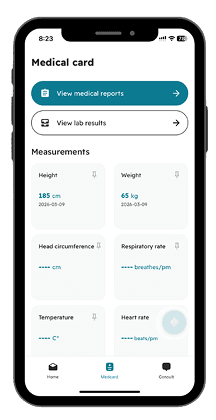 Telehealth platform medical card screen showing patient measurements on a phone
