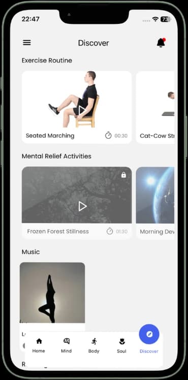 30min.me wellness app Discover activities screen