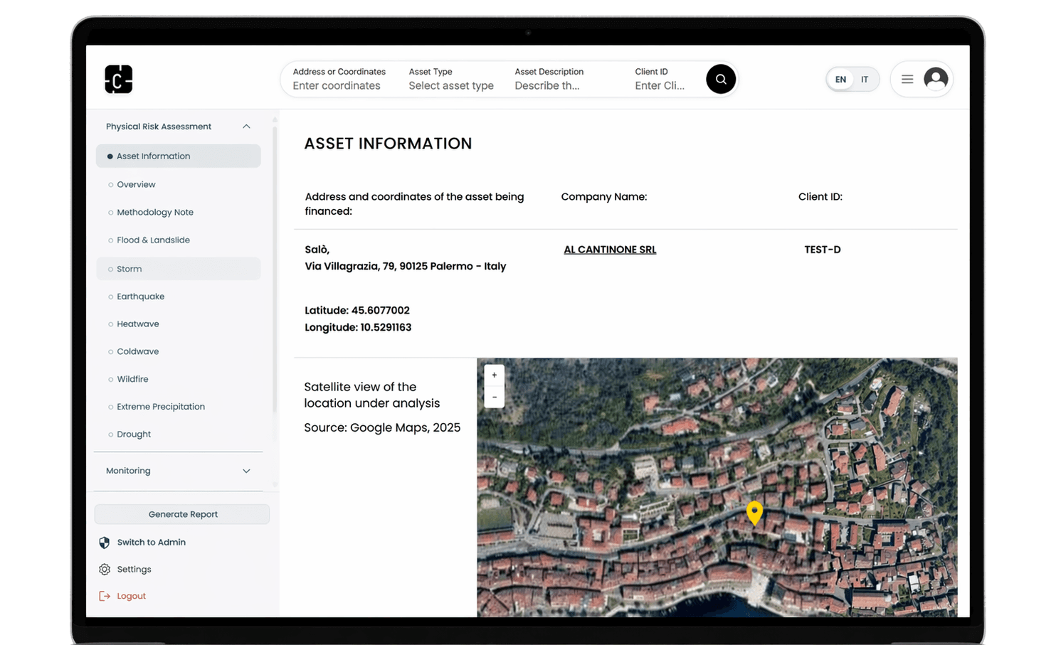 Geospatial climate-risk intelligence platform shown on a laptop