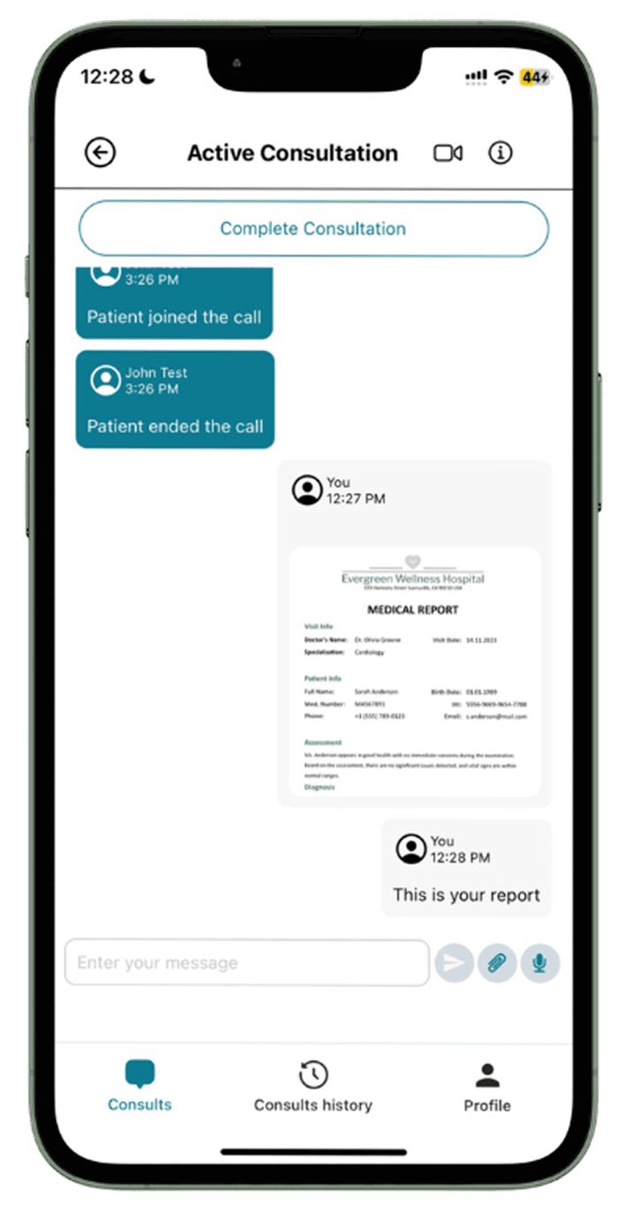 Telehealth mobile app active consultation screen