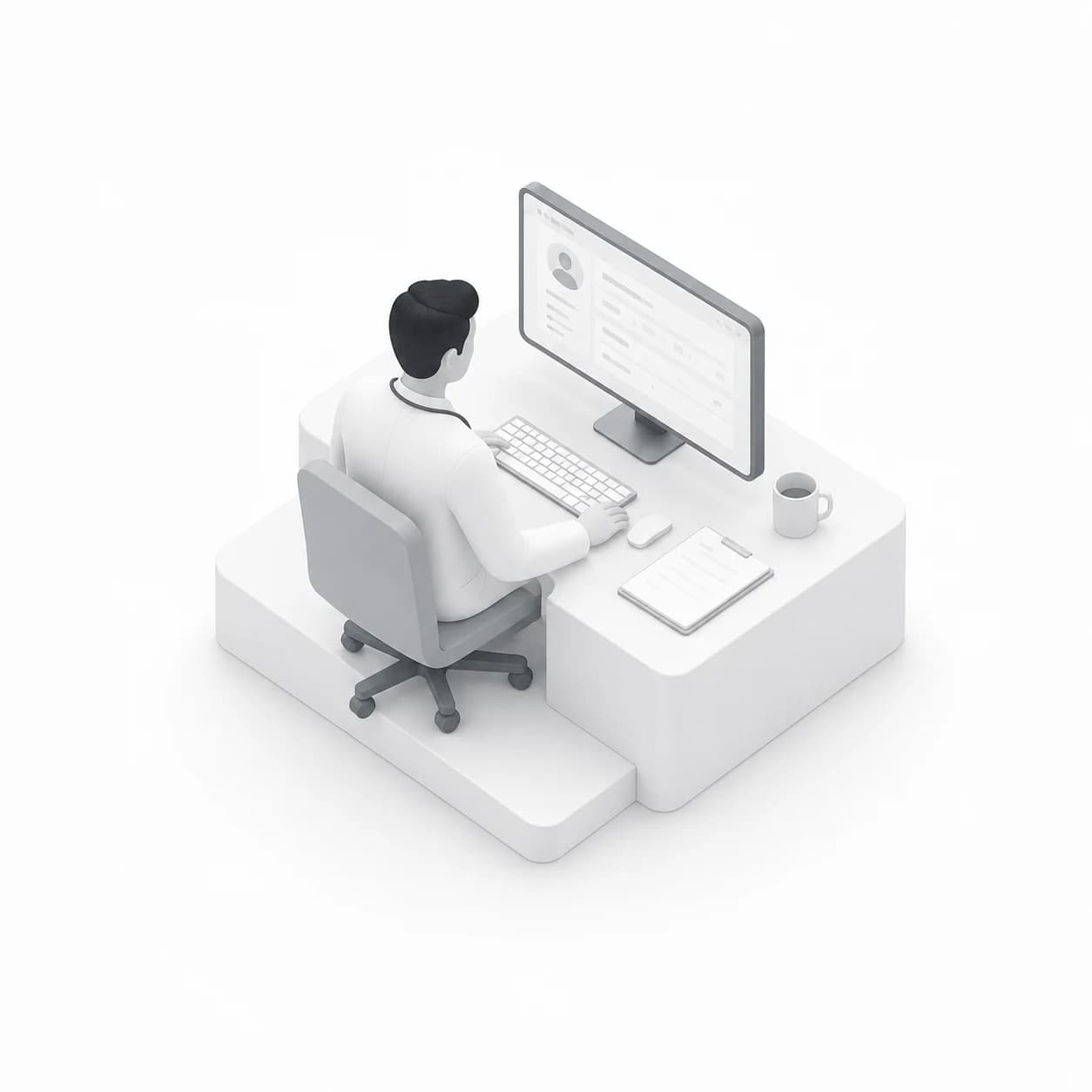 Physician working manually at a desktop computer