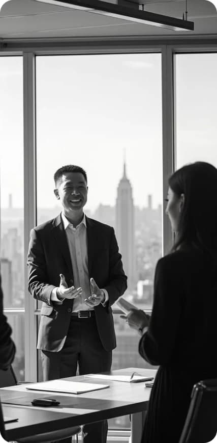 Recruiting team discussing candidate review in front of a city skyline
