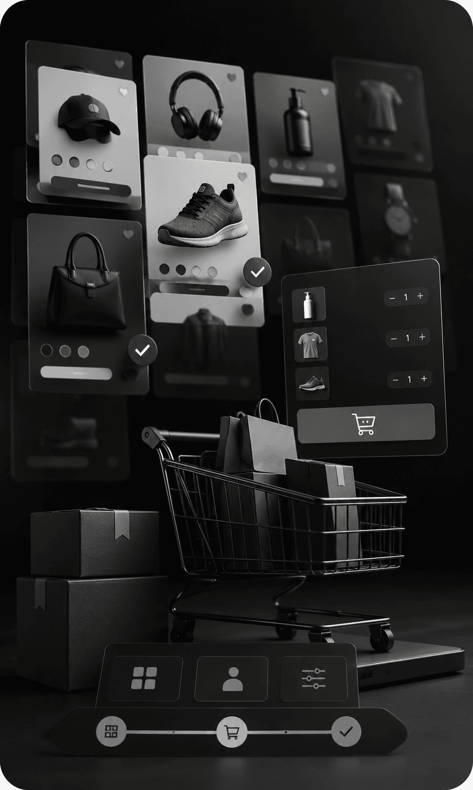 Ecommerce product grid, cart, and configuration controls