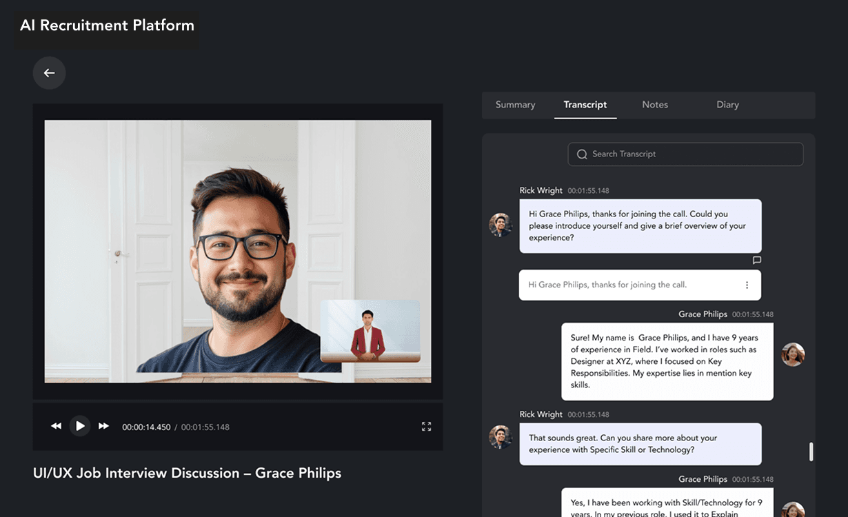 Recruiting platform meeting recording screen